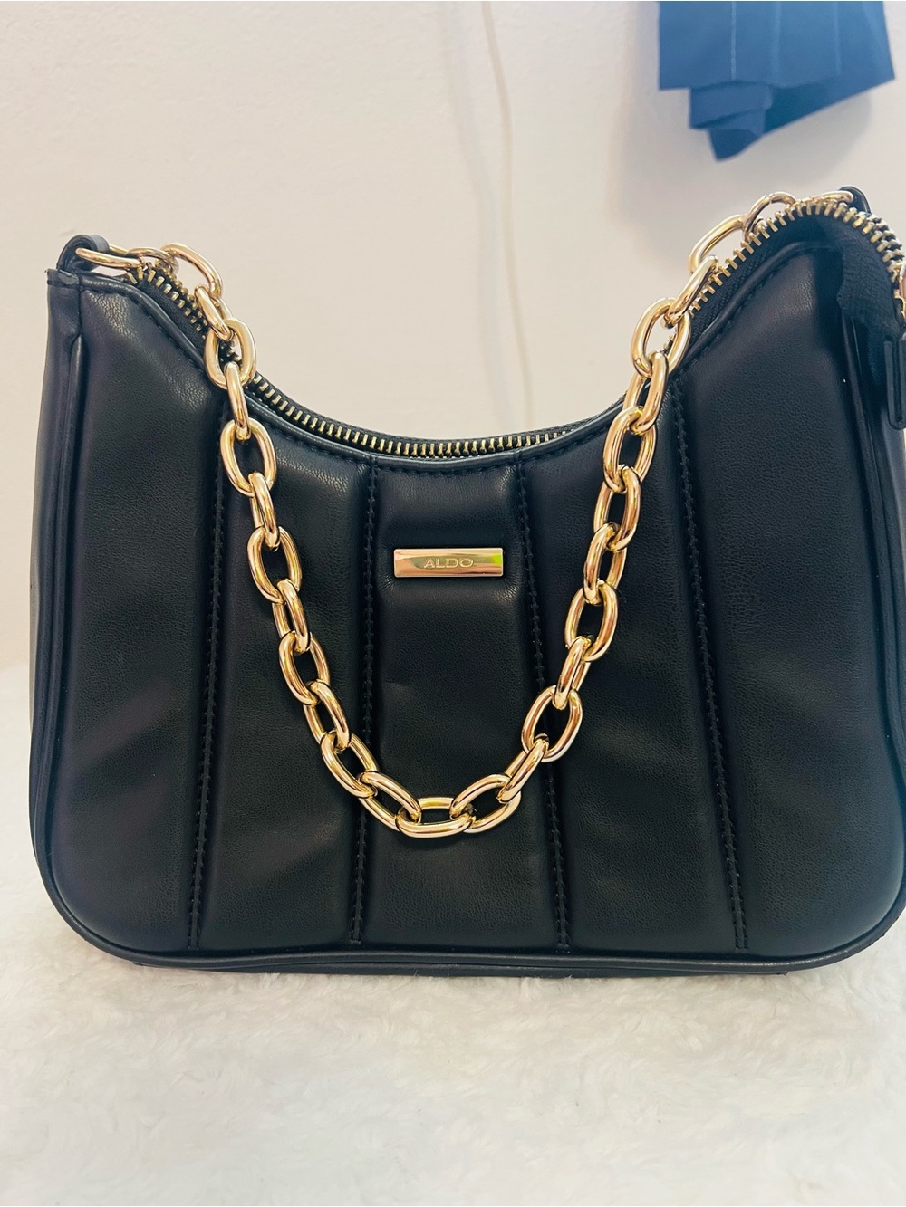 ALDO Black Quilted Shoulder Bag with Gold Chain Accent